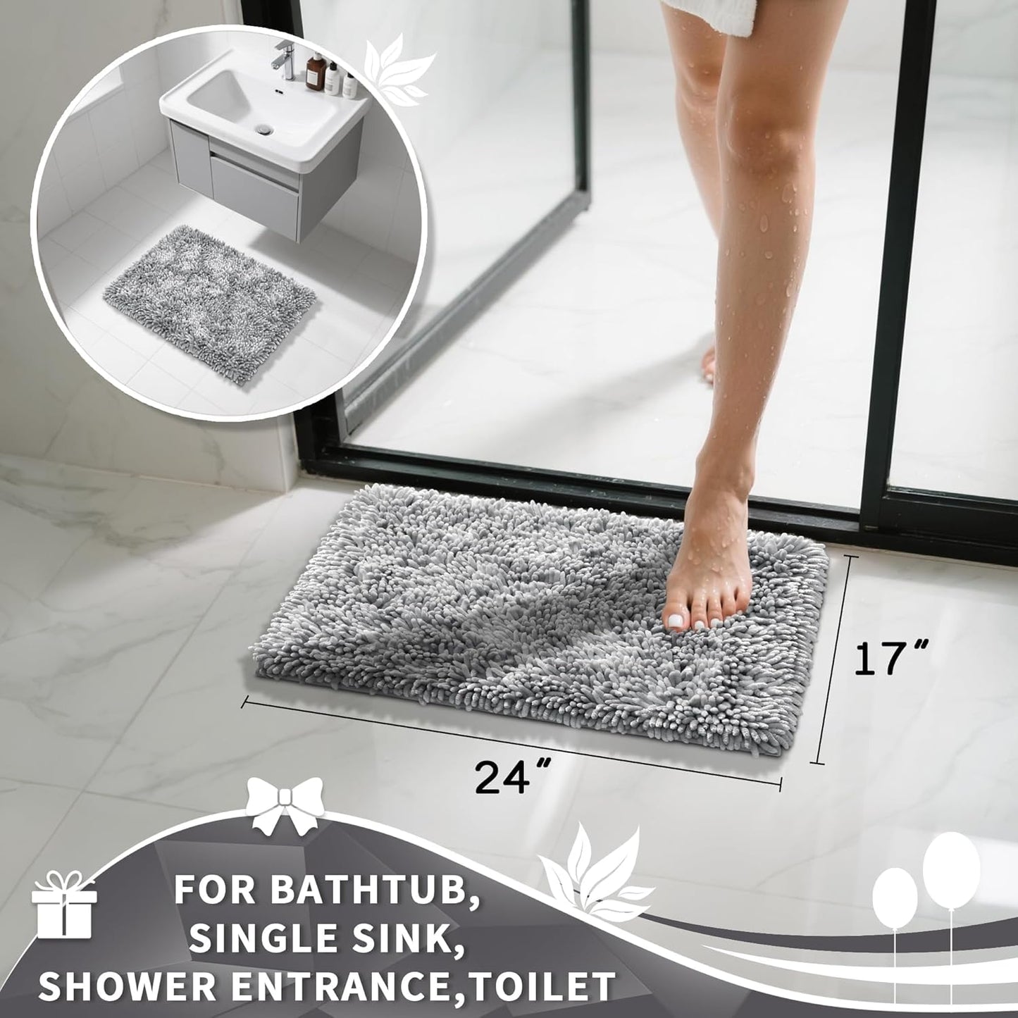 Yimobra Chenille Bathroom Rugs Non Slip, Extra Thick Soft Absorbent Bath Rug, Machine Washable Quick Dry Bath Mat for Bathroom Floor, Tub and Shower, Home Decor Accessories, 24x17, Light Grey