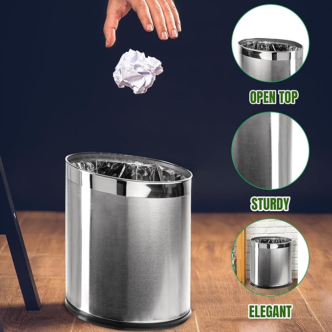 'Invisi-Overlap' Open Top Stainless Steel Trash Can, Small Office Wastebasket - Image 5