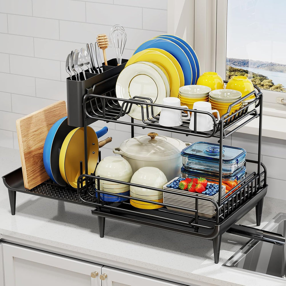 Urackify Dish Drying Rack for Kitchen Counter, Expandable 2 Tier Dish Rack, L...