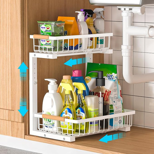 Under Sink Organizer Storage 1 pack, 2 Tier Slide Out Height Adjustable Pull by Liuoud