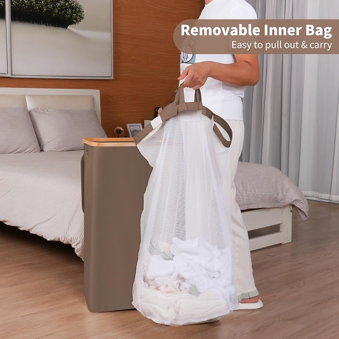 26 Gal Laundry Basket with Lid and Net Bag, Tall Laundry Hamper with Bamboo - Image 3