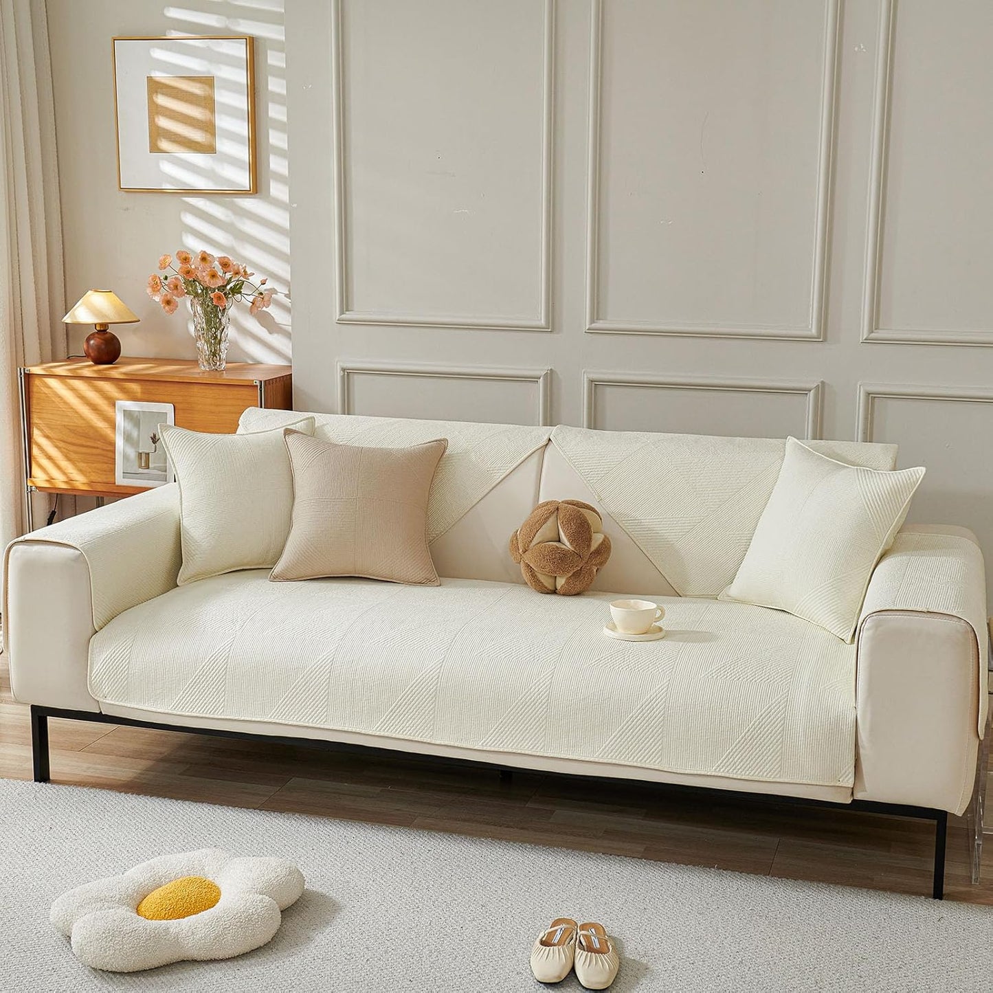 vctops Cotton Quilted Couch Cover for Dogs Washable, Non Slip Sectional Sofa Cover, Farmhouse Sofa Slipcovers for 3 Cushion Couch Sofa L Shaped Recliner, Furniture Protector Covers (Cream,36"x63")