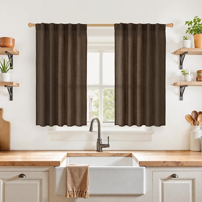 YoungsTex Brown Linen Kitchen Curtains 40 Inches Long by YoungsTex