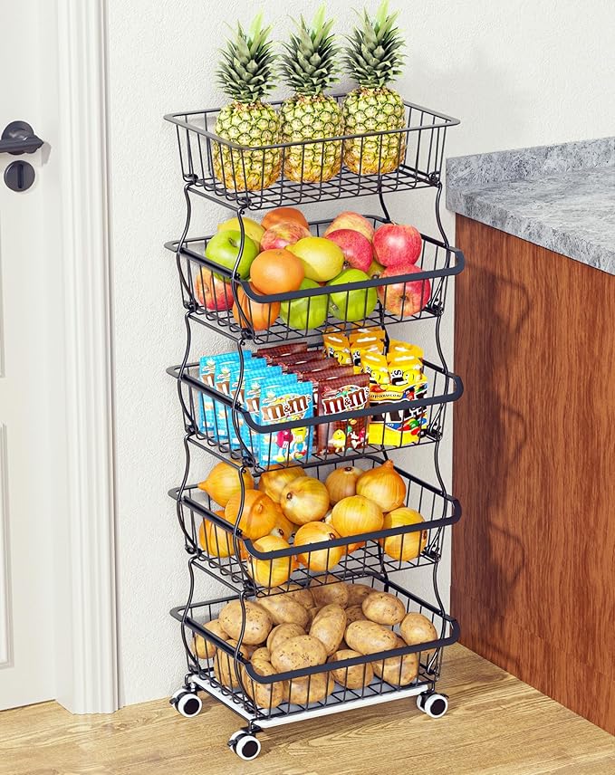 5 Tier Fruit Basket for Kitchen, Stackable Bins Wire Rack by OKZEST