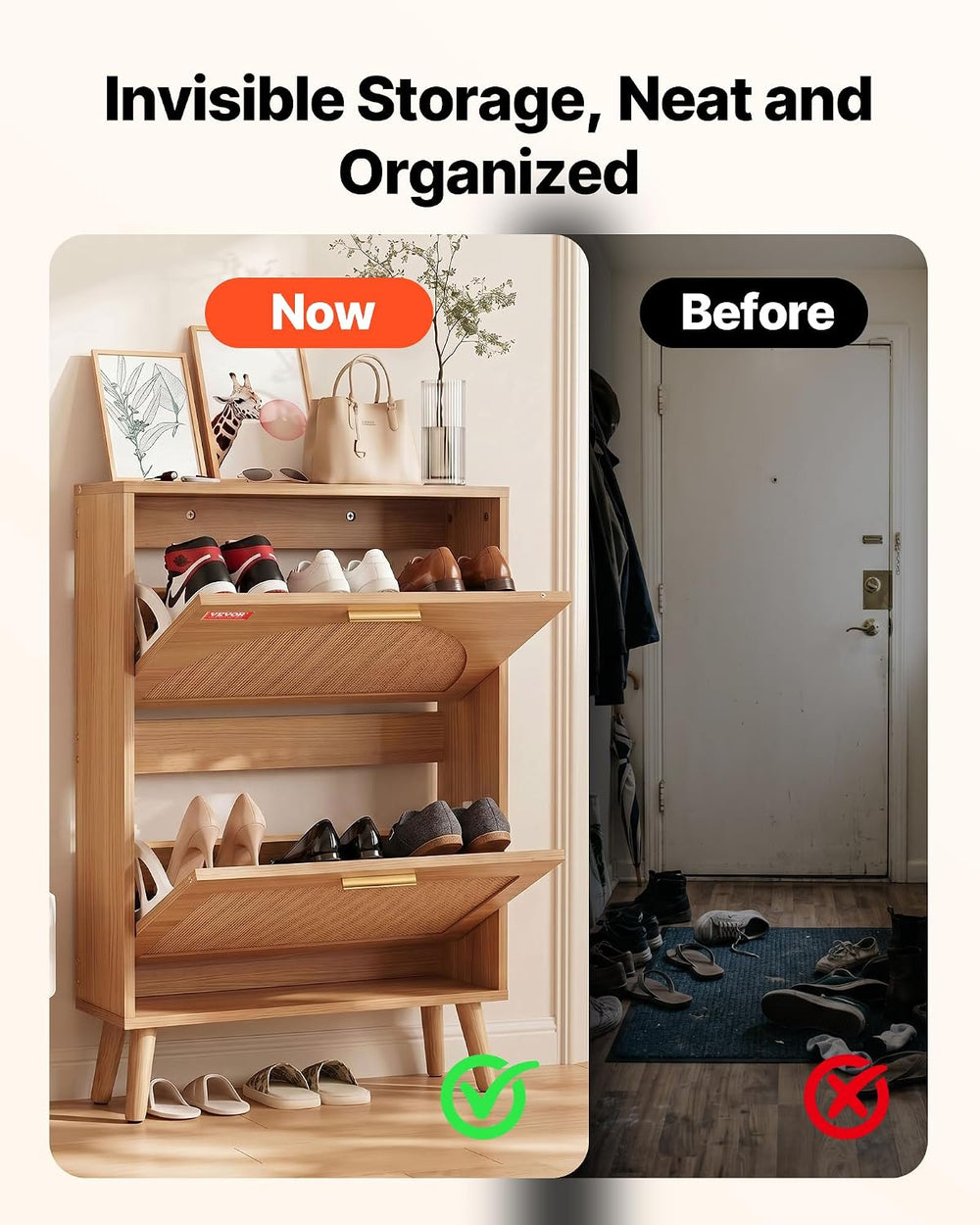 VEVOR Shoe Cabinet with 2 Flip Drawers, Shoe Storage Cabinet for Entryway, Fr...