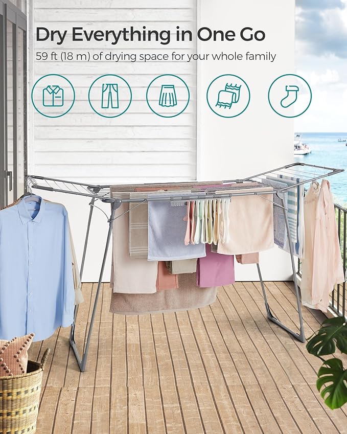 SONGMICS Clothes Drying Rack Foldable, Gullwing Laundry Drying Rack, - Image 3
