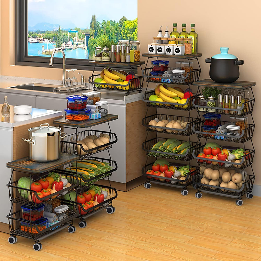 5-Tier Rolling Pantry Floor Organizer with Wheel Stackable Fruit Vegetable St...