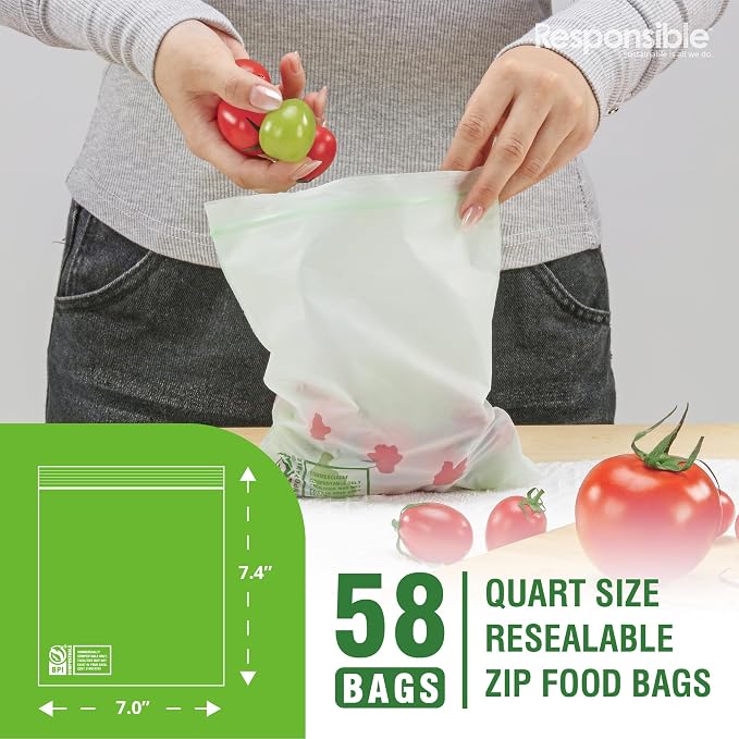 Responsible Products Certified Compostable QUART Resealable Zip Bag, Extra - Image 2