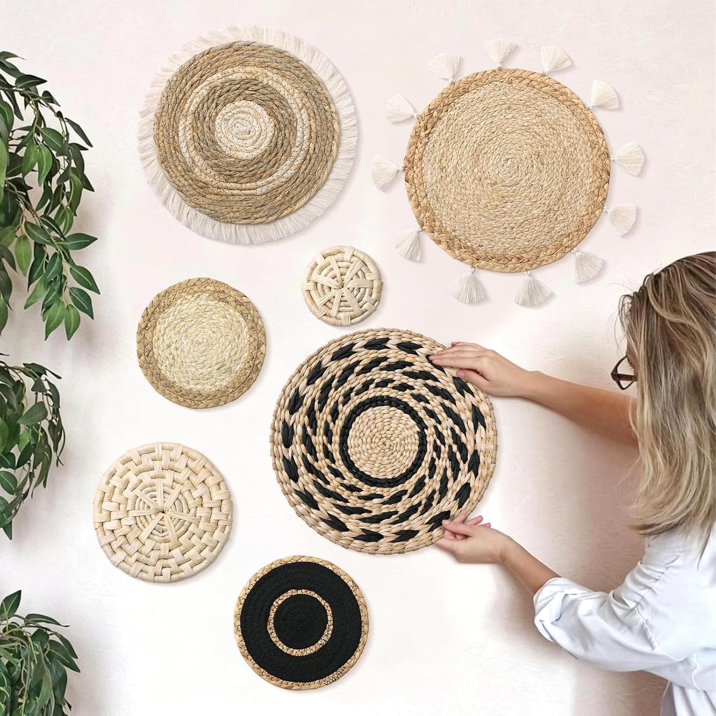 LOMOHOO Set of 7 Boho Wall Basket Decor Wicker Woven Wall Basket Decoration | LOMOHOO Bohemian Handcrafted Round Basket Hanging Decor Bulrush Wall Art Decors for Living Room Rustic Home