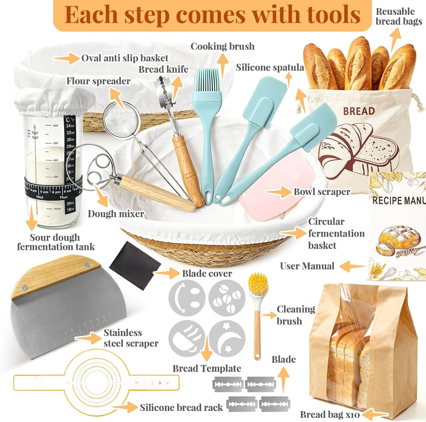 Sourdough Bread Baking Kit, Supplies with Round & Bread Proofing Basket, Starter Jar, Dough Whisk, Bread Lame, Dough Scraper, Storage Bag & Recipe Guide, Practical Baking for Home Baking Lovers