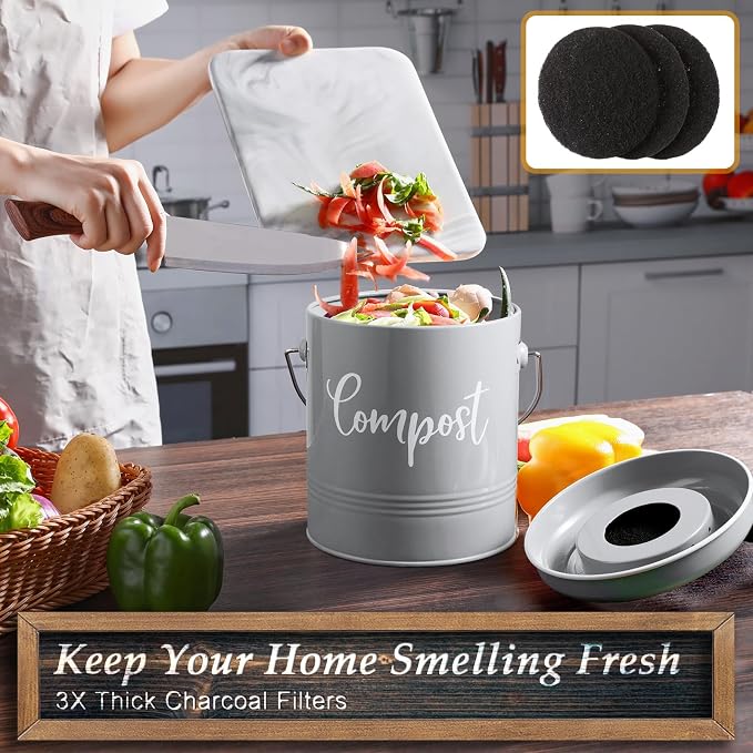 Gray Compost Bin Kitchen, 1.3 Gallon Farmhouse Kitchen Compost Bin Countertop - Image 3