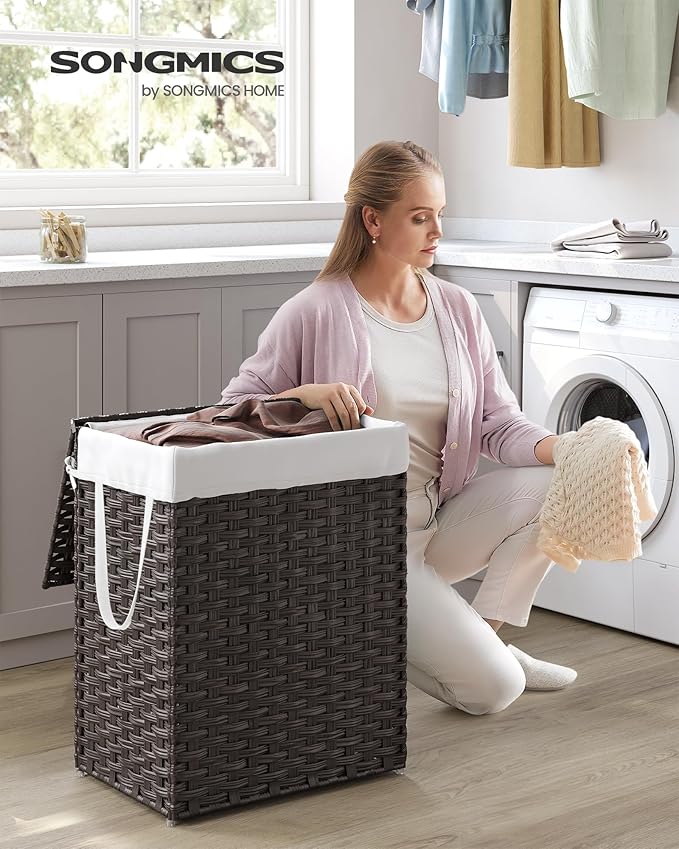 SONGMICS Laundry Hamper with Lid, 23.8 Gallon Synthetic Rattan Clothes Laundry - Image 2