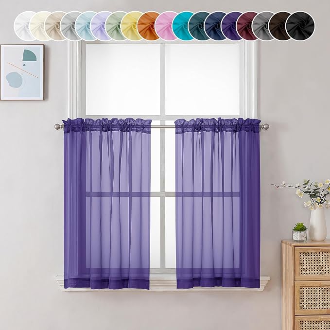 Chyhomenyc Sheer Purple Tier Curtains 24 Inch Length, Small Window Curtains by Chyhomenyc
