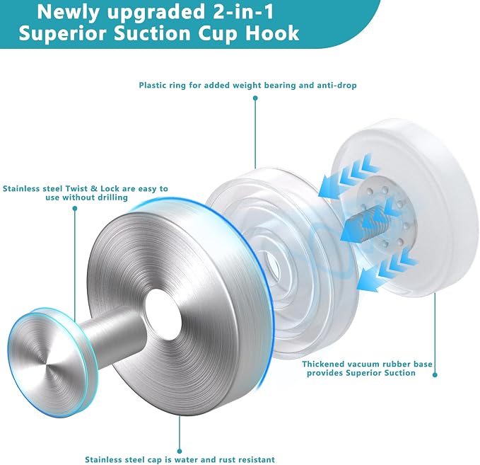 Suction Cup Hooks for Shower, Removable No Drill Towel Hooks, Upgraded 15 lbs - Image 2