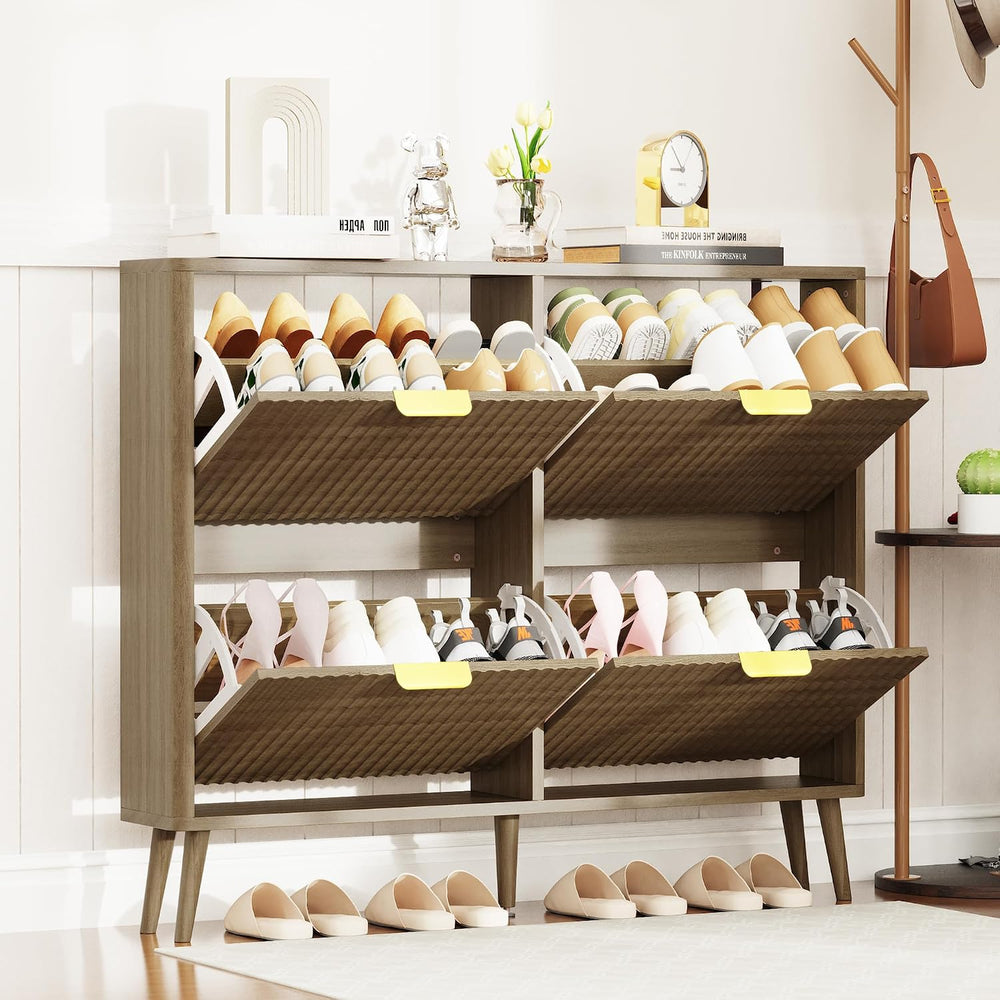 KIGOTY Narrow Shoe Storage Cabinet, Shoe Cabinet with 4 Flip Drawers, Freesta...