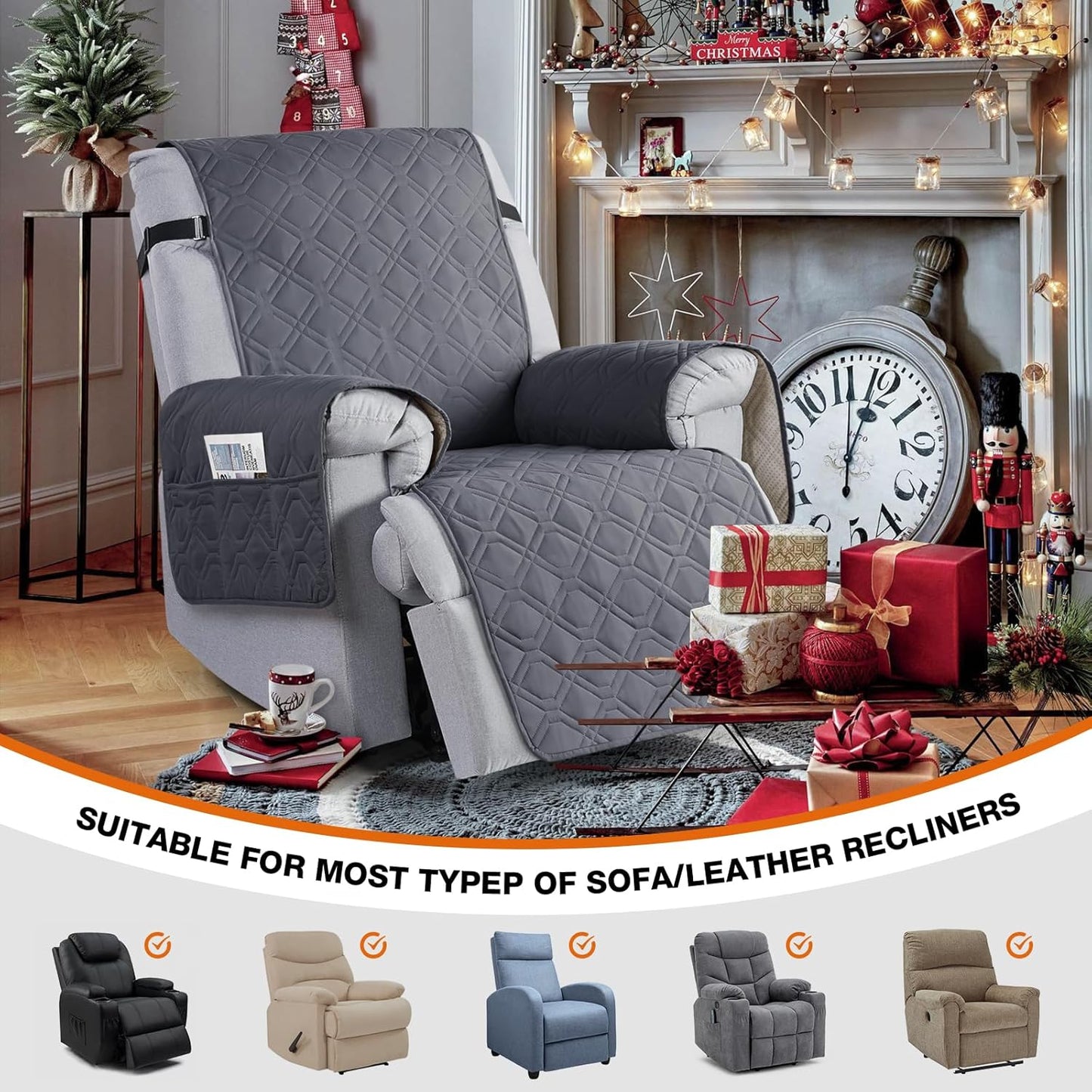 VANSOFY 100% Waterproof Recliner Chair Covers, Recliner Cover Non-Slip Dog Chair Cover Furniture Protector Washable Slipcover with Pocket, Elastic Straps for Pets, Dogs(Dark Gray, 23.6")