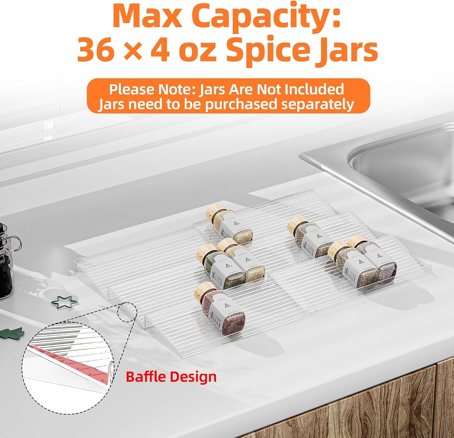 MUDEELA Clear Spice Drawer Organizer, 3 Tier- 2 Set (6 Packs) | Expandable From 11" to 22", (Jars not included), Kitchen Seasoning Organizers and Storage for Drawer