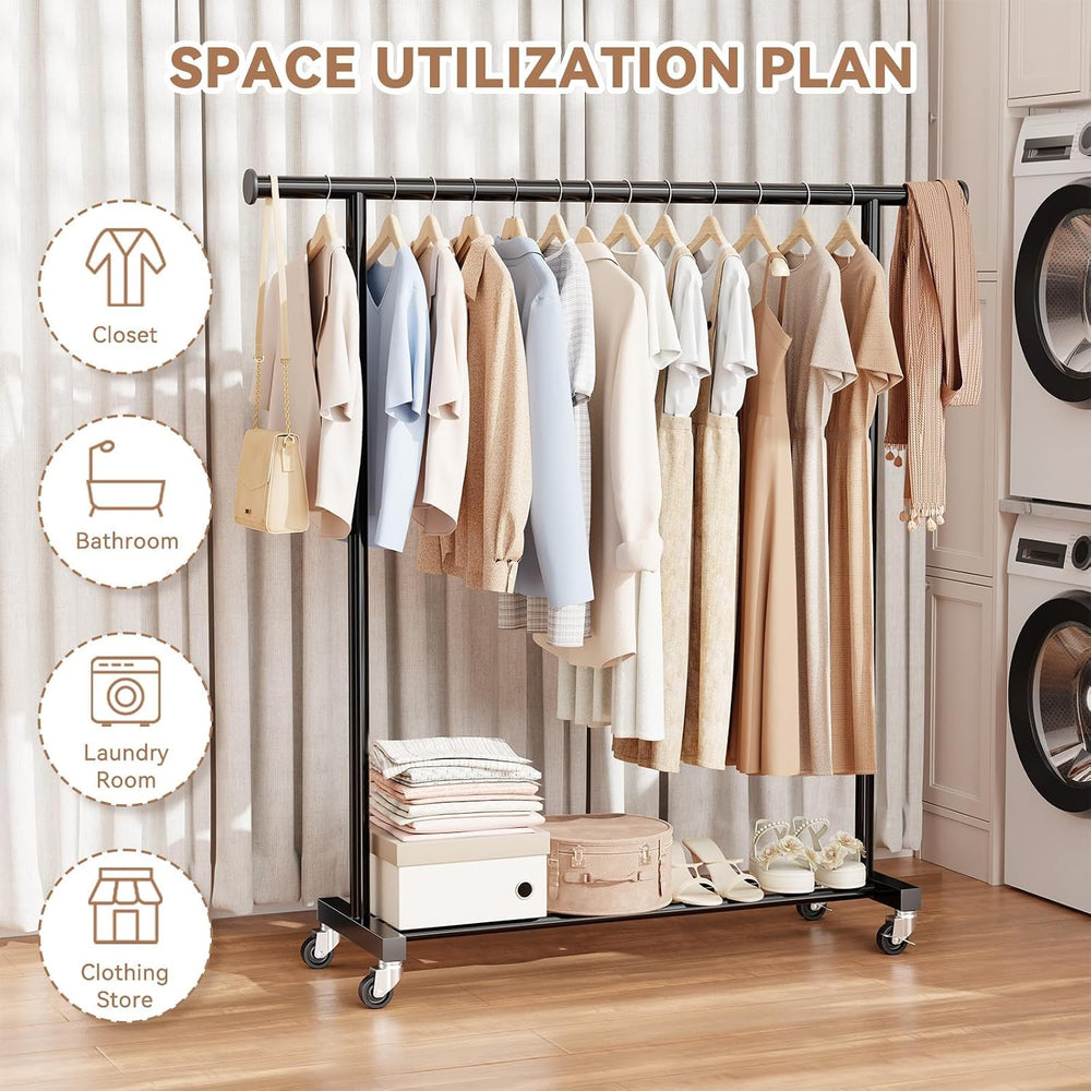 Standard Clothes Rack, Rolling 60“L Clothing Garment Rack with Wheels for Han...