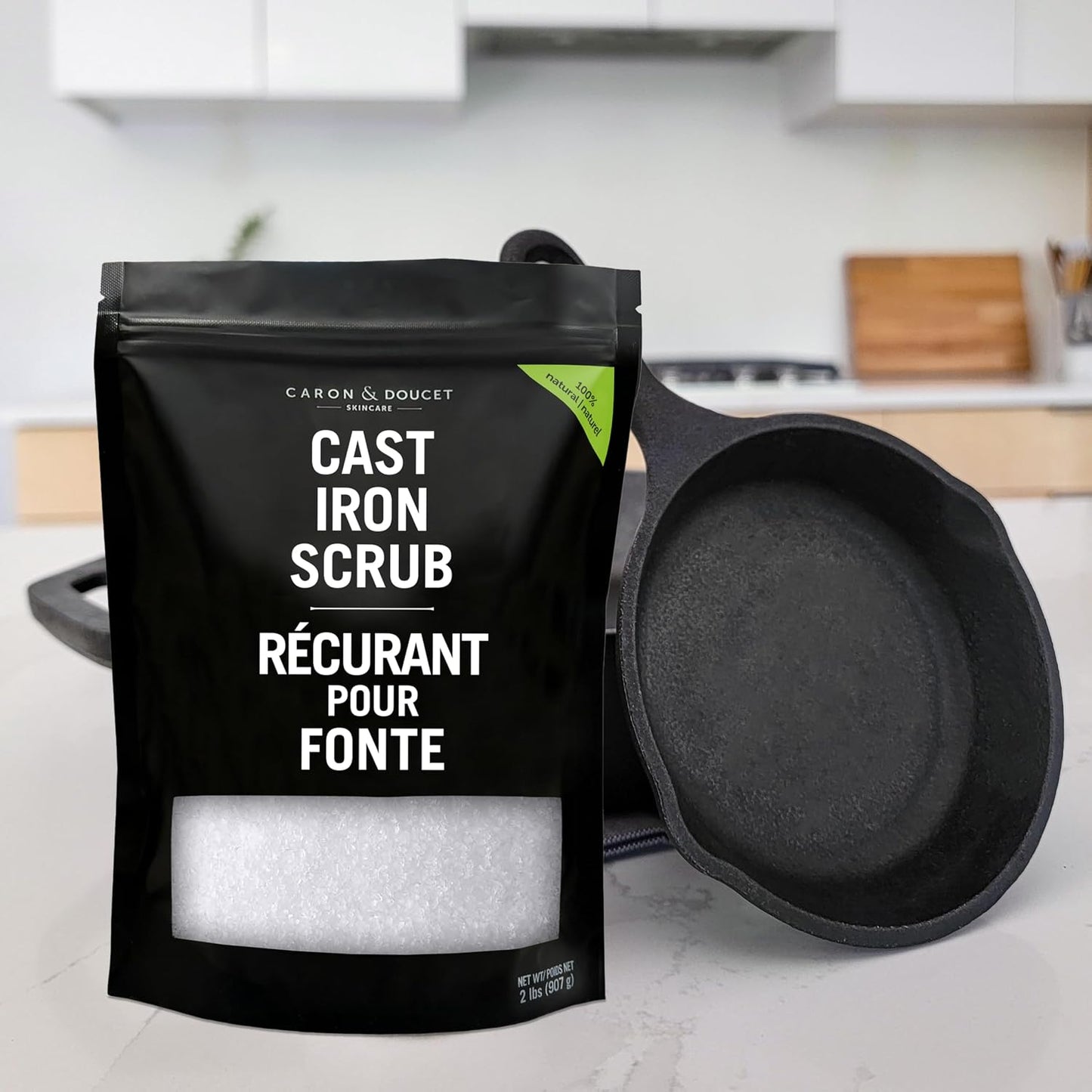 CARON & DOUCET - Cast Iron Care Seasoning Bundle - CastIron Oil & Cast Iron Scrub - 100% Plant Based Formulation - Helps Maintain Seasoning on All Cookware (8 fl oz & 1 lb)