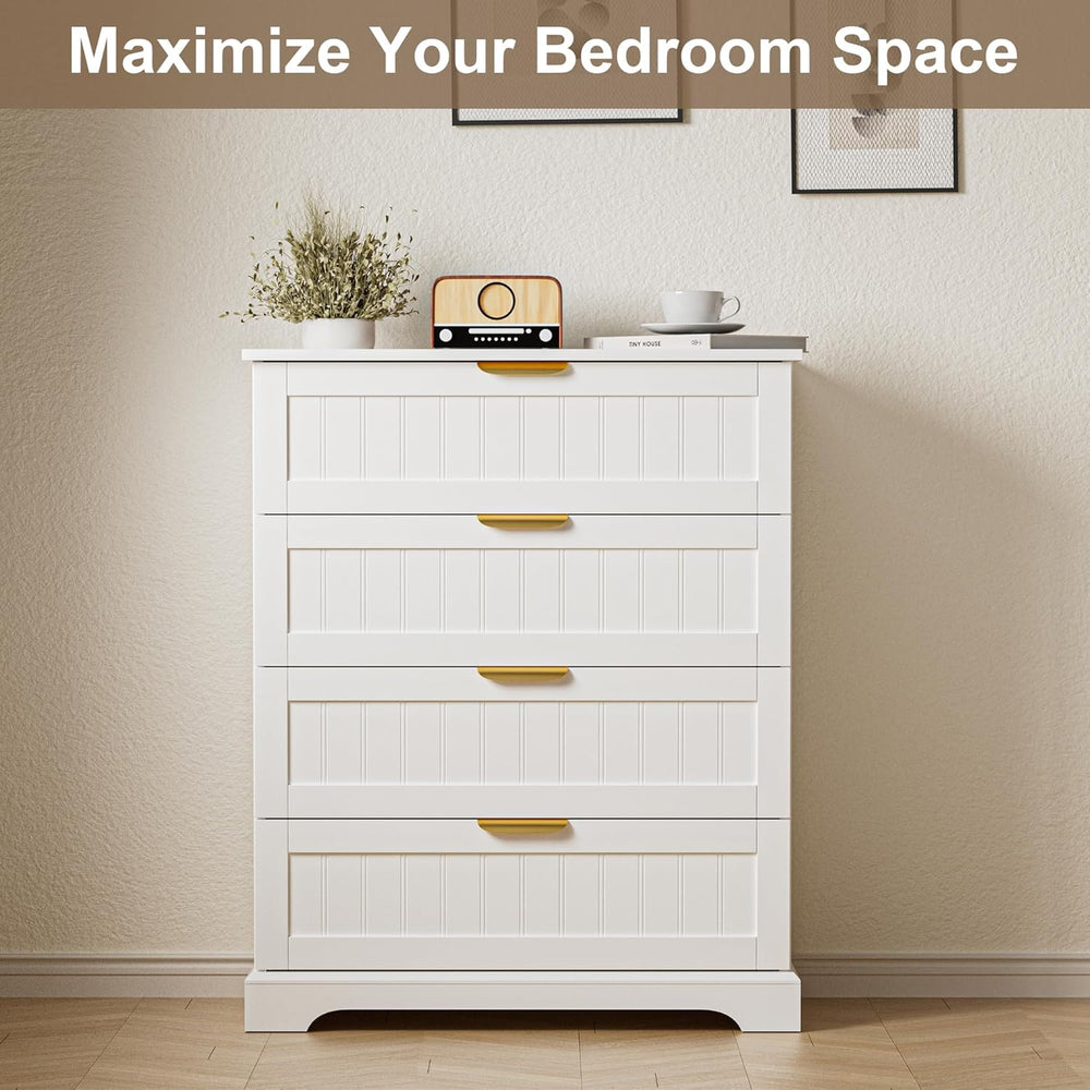 4 Drawer Dresser for Bedroom, Modern Farmhouse Wood Chest of Drawers with Met...