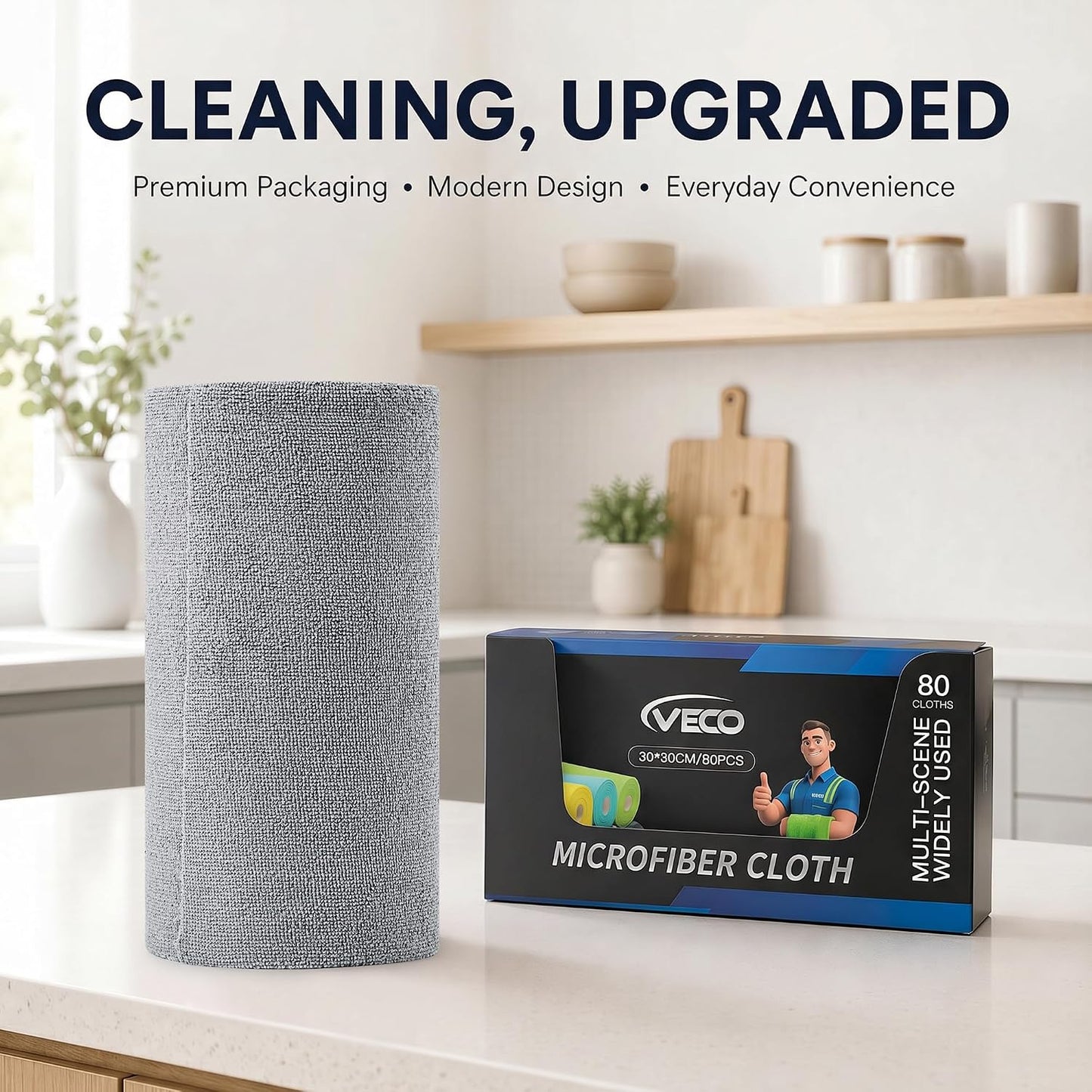 Veco Microfiber Cleaning Cloth Roll 80 PCS Gray, 12" x 12" | Lint-Free, Streak-Free, Tear Away Reusable Microfiber Towels, Cleaning Rags for Kitchen, Car & Home