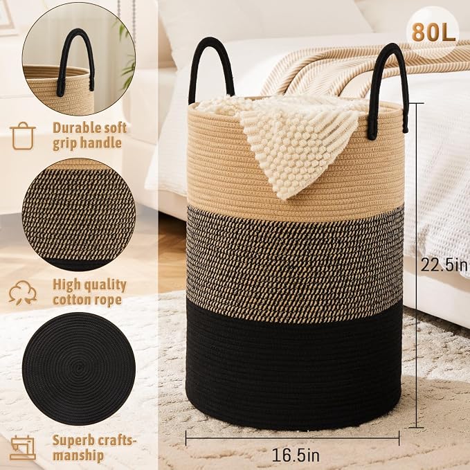 Laundry Basket, Woven Cotton Rope Laundry Hamper, 80L - Image 6