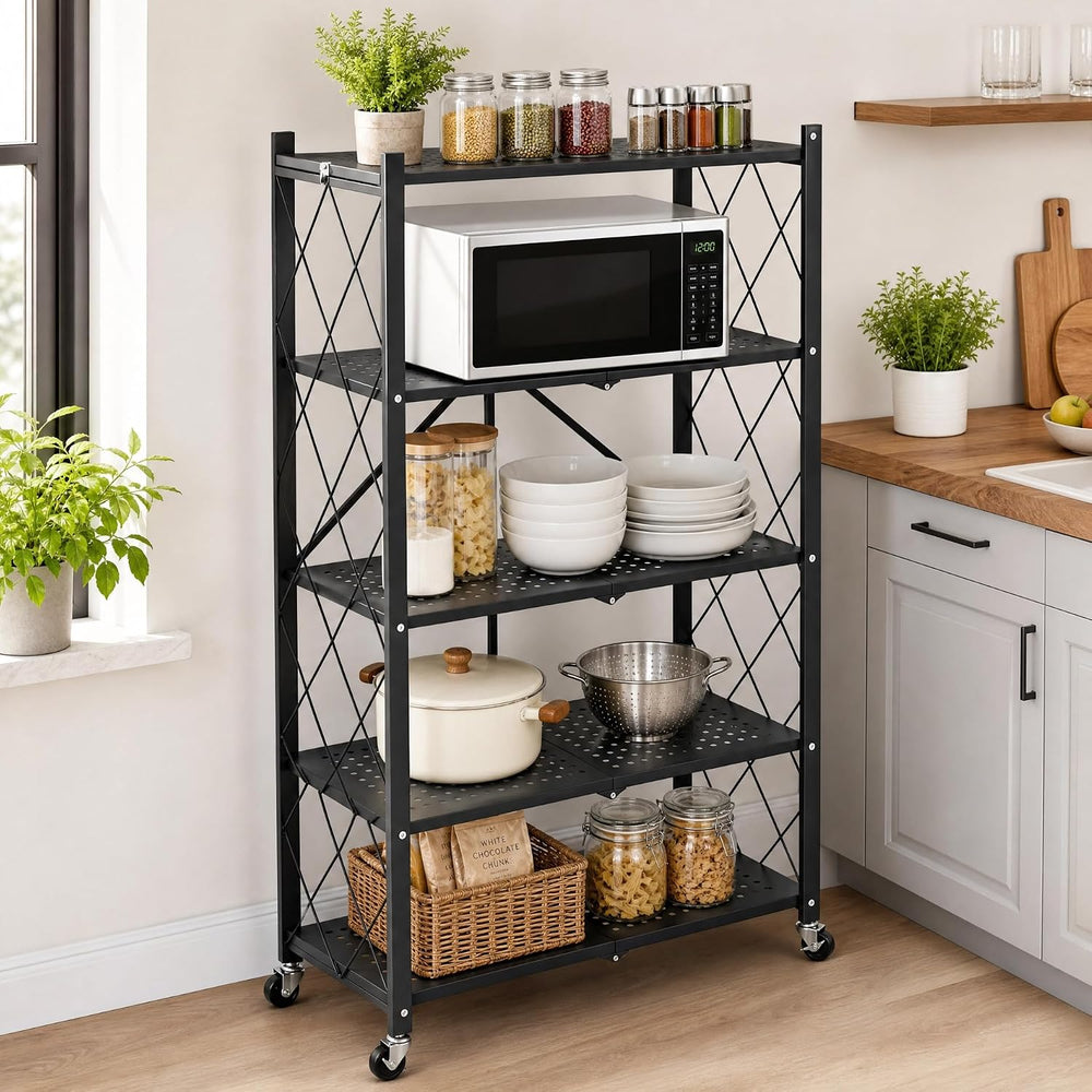 5-Tier Foldable Storage Shelves with Wheels, Heavy-Duty Metal Rolling Rack, N...
