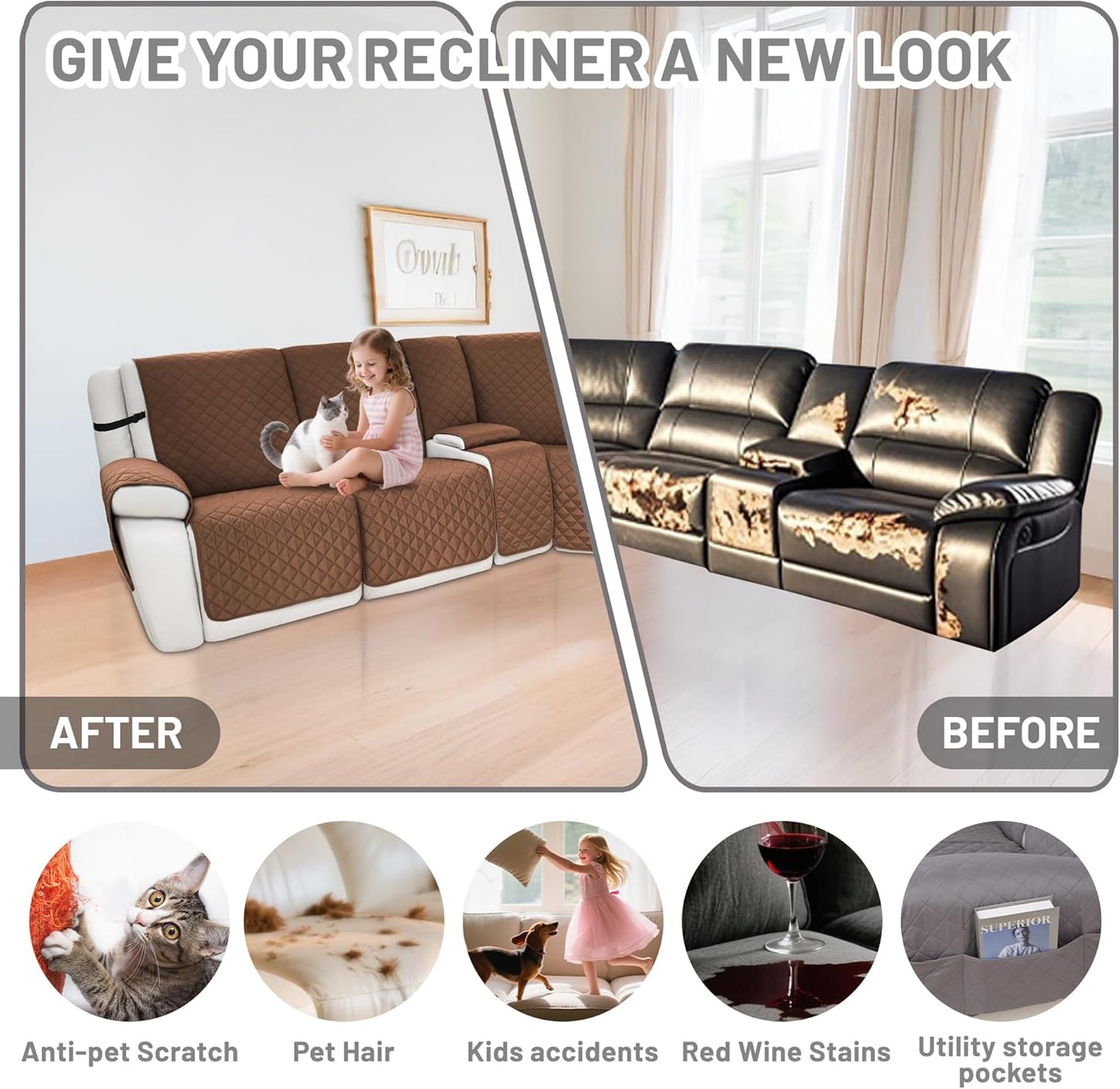 Waterproof Sectional Reclining Couch Covers L Shaped Recliner Sectional Sofa Cover 8 Piece Non Slip Washable Corner Recliner Slipcover Set for Pet Dog (5 Seater 1 Console Cover, Coffee)