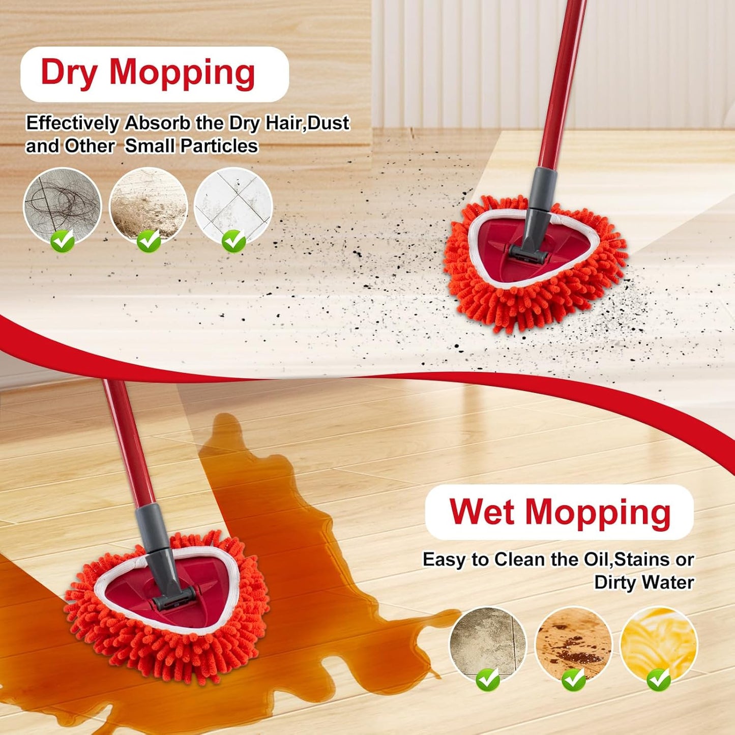 6 Pack Mop Replace Head for O Cedar, Mop Heads Replacements for Ocedar, Chenille Duster for O-Cedar Easywring 1-Tank Spin Mops, Reusable Red Chenille Dust Mop Pads for Dry Wet Use
