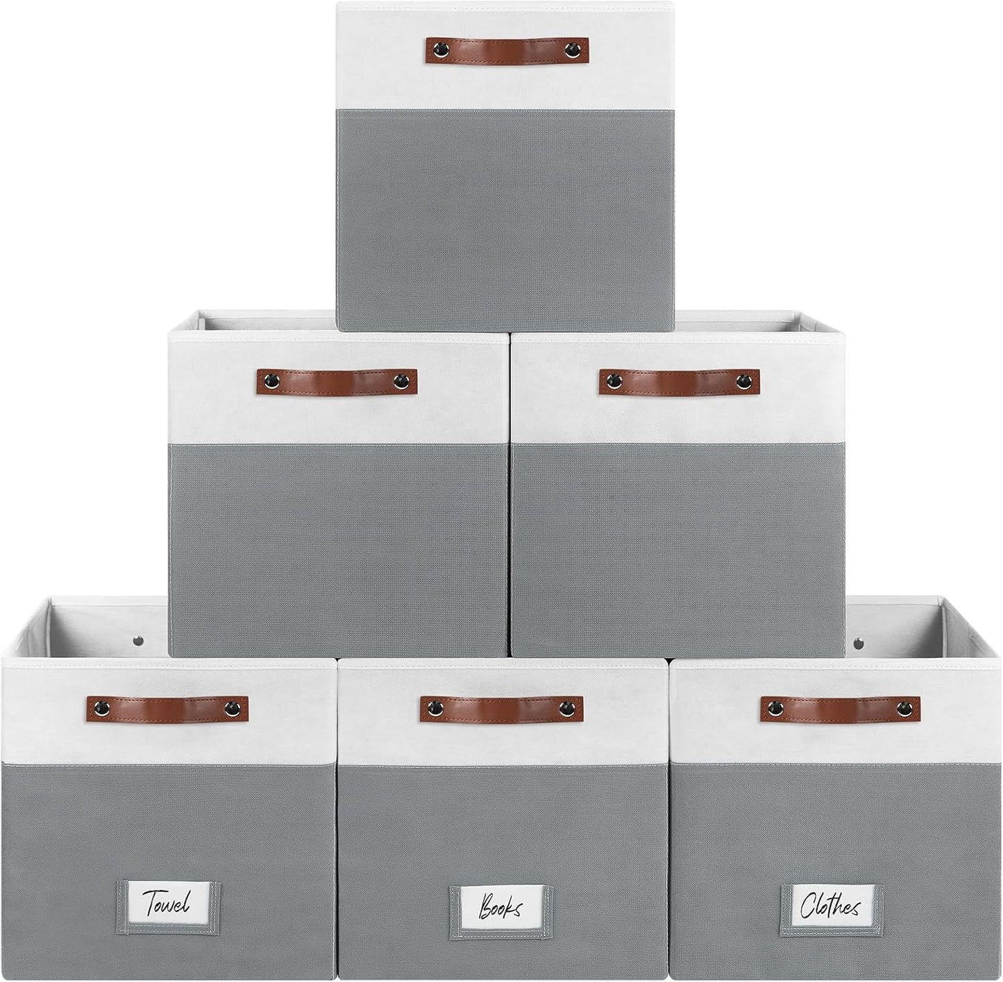 FinishingBo 13 inch Storage Bins with Labels 6 Pack | PU Leather Handles, Foldable Storage Cubes, Storage Baskets, Closet Storage, White/Dark Grey
