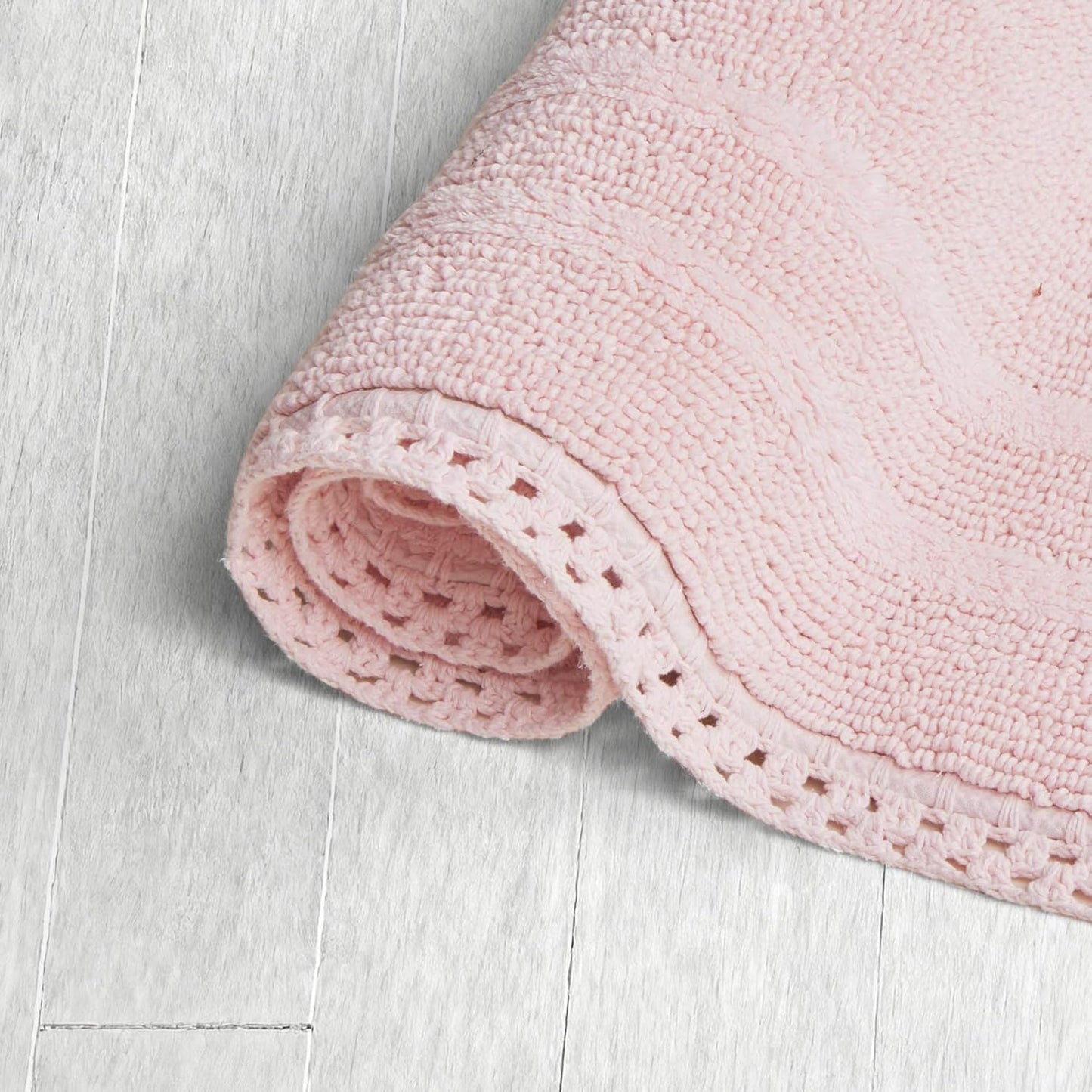 Laura Ashley Camilla 100% Cotton Oval Bath Mat with Crochet Border, Soft & Absorbent, Light Pink 21" x 34" Bathroom Rug