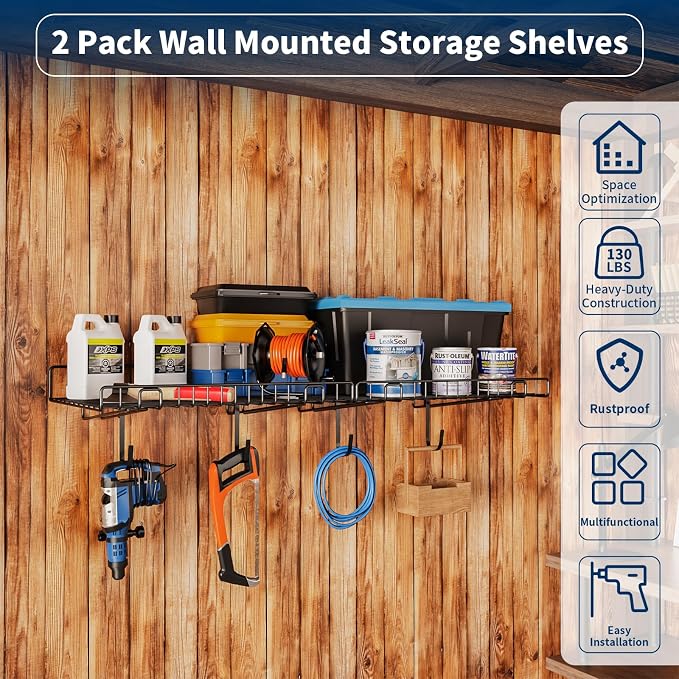 2 Pack Garage Wall Shelf, Wall Mounted Storage Shelves, Heavy Duty Metal Shelves - Image 2