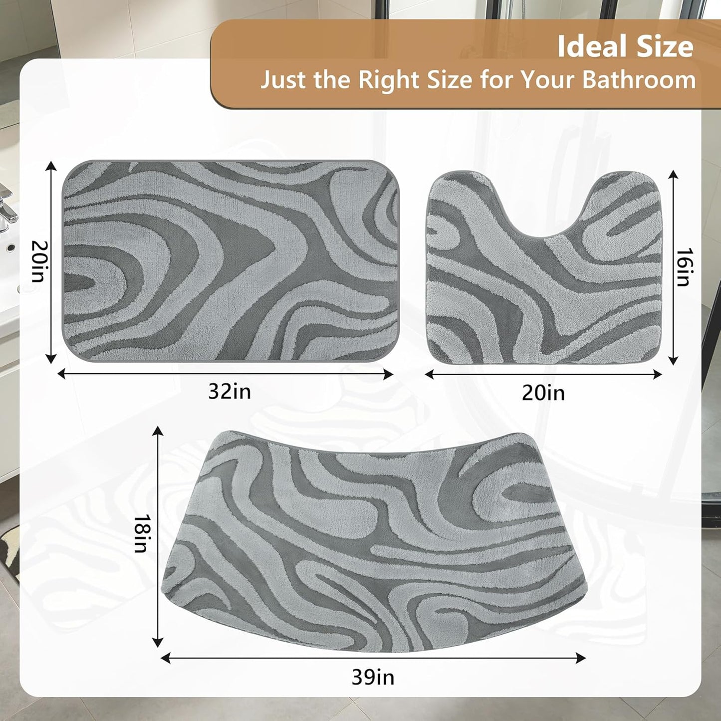 3Pcs Curved Bathroom Rug Set, Absorbent Non Slip U-Shape Toilet Mat, Soft Microfiber Bath Rug, Machine Washable