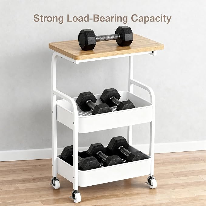 Rolling Cart with Wooden Tabletop 3-Tier Metal Utility Rolling Cart Storage - Image 6