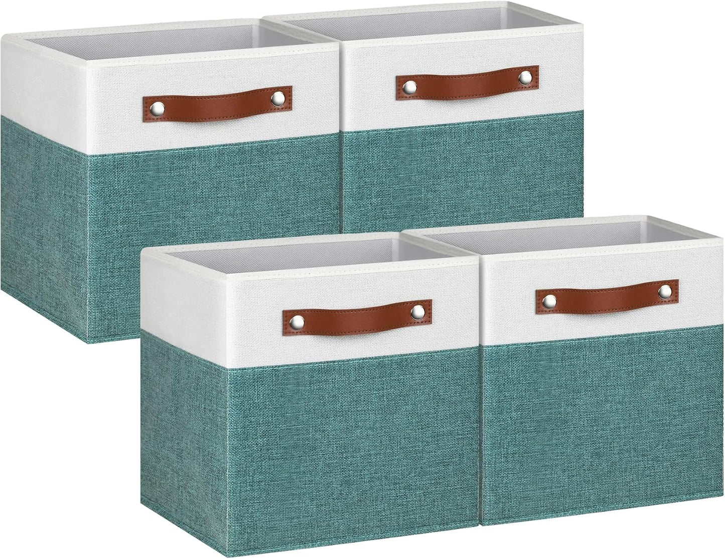 11 Inch Cube Storage Bin - 4 Pack - Linen Fabric 11x11 Cube Storage Bins for Bedroom, Living Room, Clothes and Toys; Foldable, Dual Leather Handles