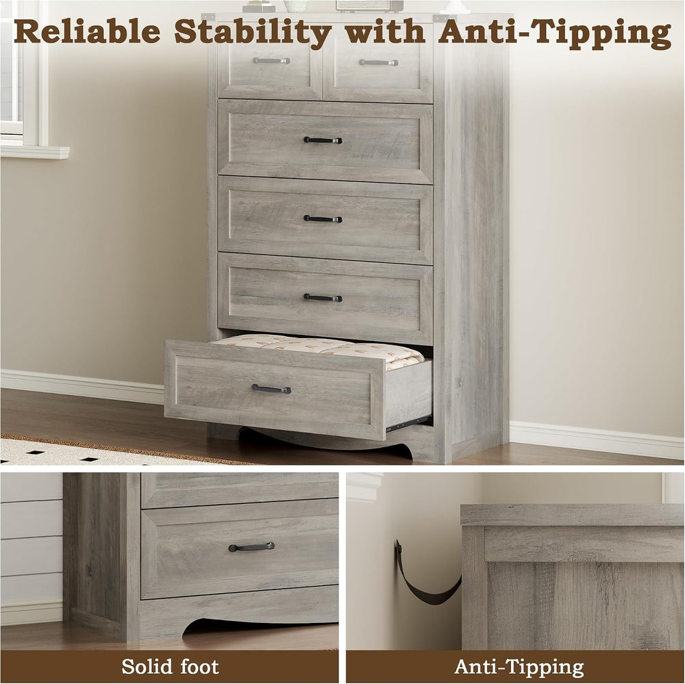 BORNOON Tall 6-Drawer Dresser for Bedroom, Modern Wooden Chest of Drawers wit...