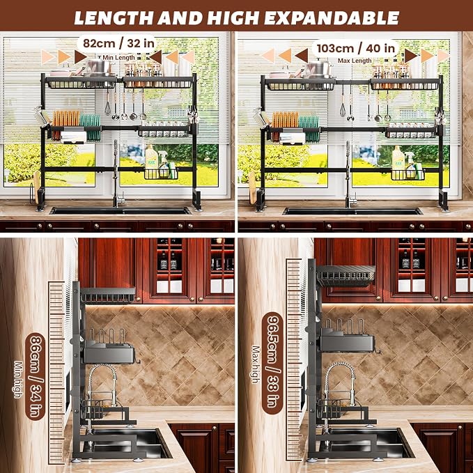 3-Tier Over Sink Dish Draining Rack, Adjustable Width and Height, - Image 3