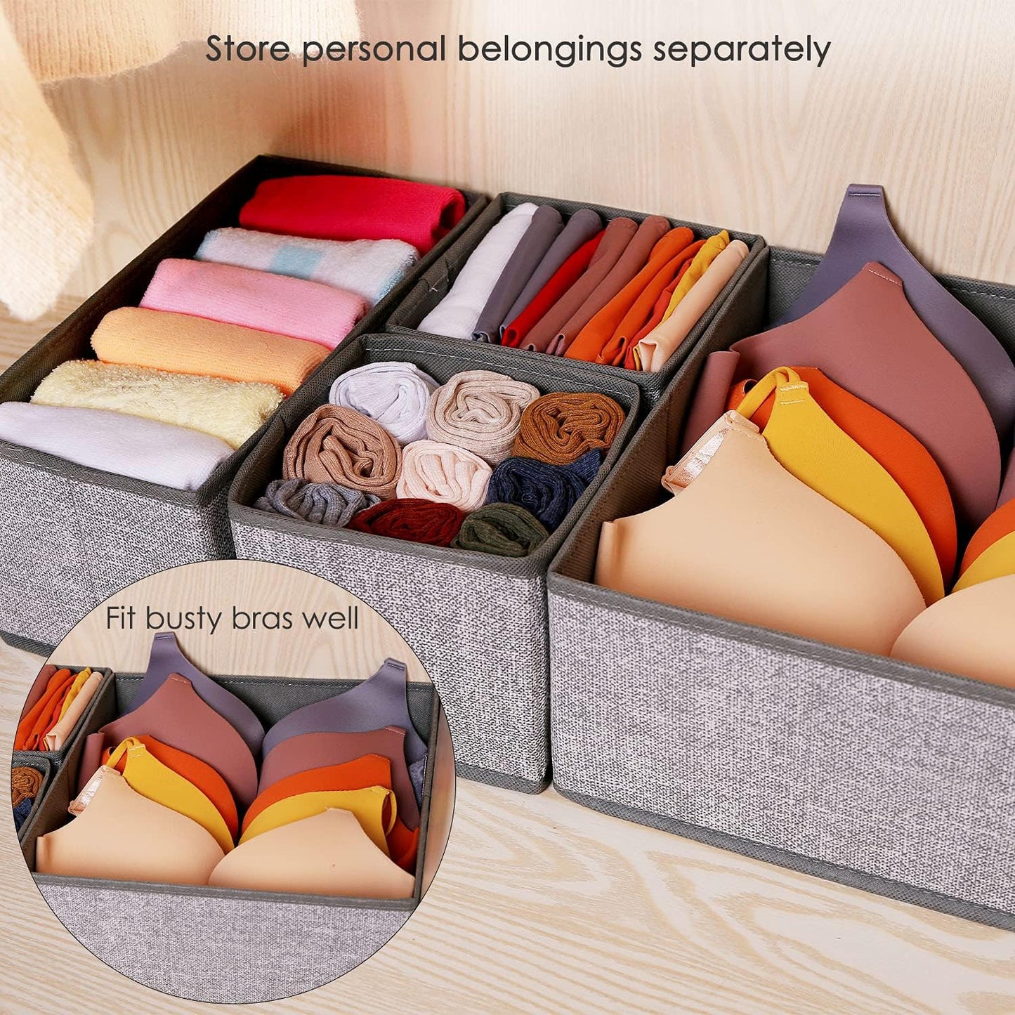 Foldable Underwear Drawer Organizer, Closet Dividers, Storage Box for Clothes, Socks (6 Bins, Gray) (Pack of 2)