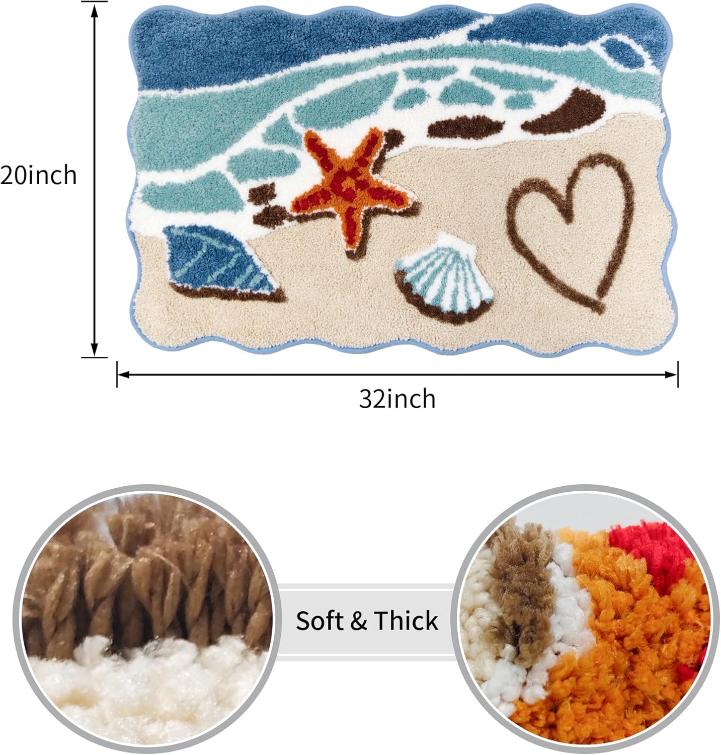 Beach Bathroom Rug 20x32 Inch, 3D Textured Coastal Ocean Wave Scalloped Bath Mat with Starfish Shell Decor, Soft Microfiber Absorbent Non-Slip Washable Bath Rug for Bathroom, Kitchen, Entryway