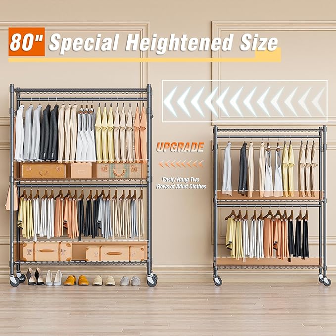 Homdox Heavy Duty Rolling Clothing Rack, Adjustable Garment Rack - Image 2