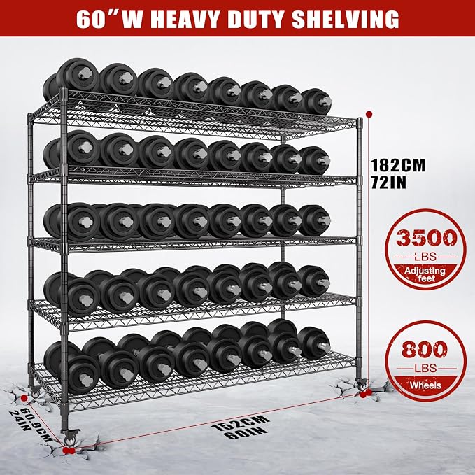 AIRAJ 60” W Storage Shelves Heavy Duty | 5 Tier Wire Shelving | 3500 LBS Metal - Image 3