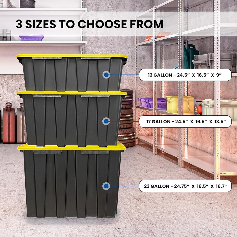8 PACK of 12 Gallon Medium Black & Yellow Storage Bins | Plastic Tote Org...