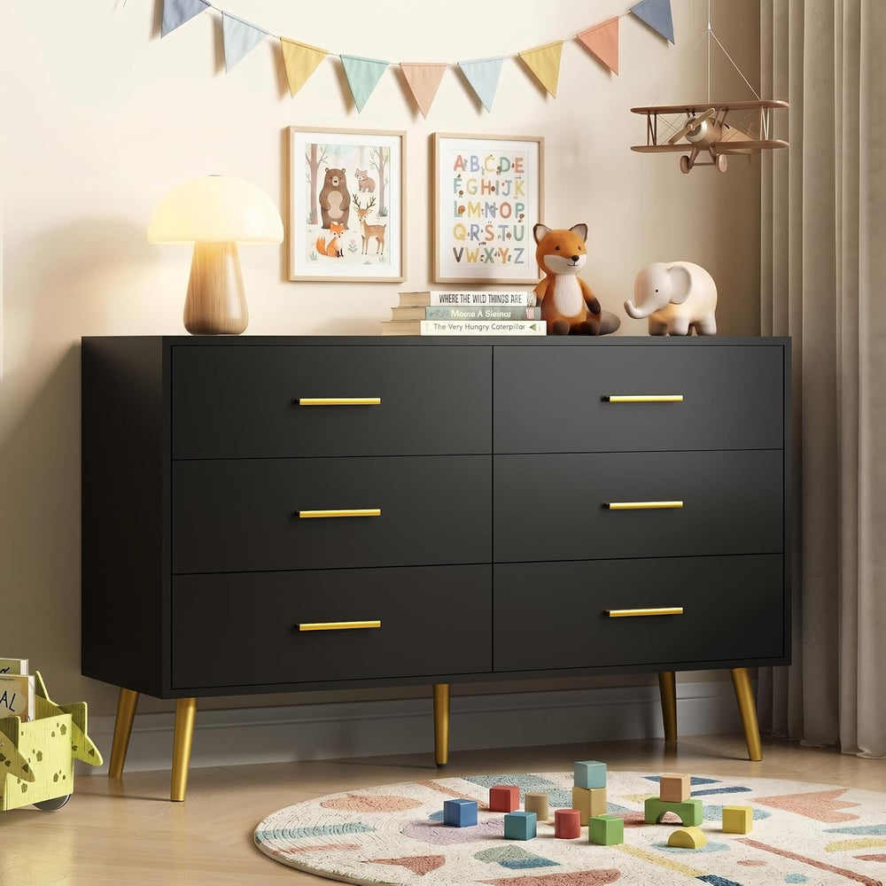 Black 6 Drawer Dresser for Bedroom, 47" Wood Dresser with Gold Handles.