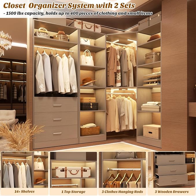 Corner Closet System with 3 Drawers, Corner Closet Organizer System with 13 - Image 4
