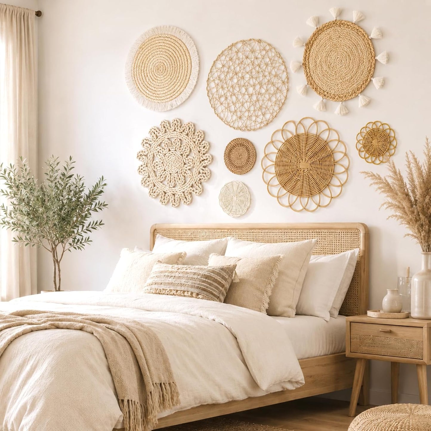 LOMOHOO Set of 8 Boho Wall Basket Decor Wicker Woven Wall Basket Decoration | LOMOHOO Bohemian Handcrafted Round Basket Hanging Decor Bulrush Wall Art Decors for Living Room Rustic Home
