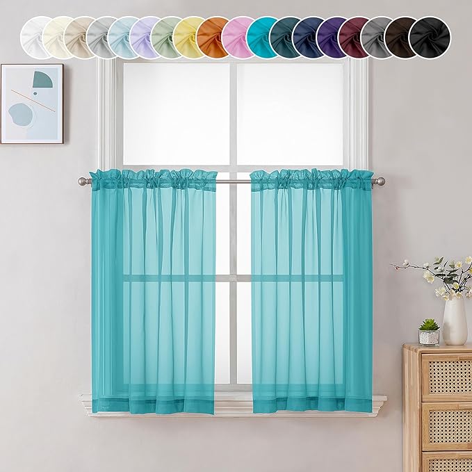 Chyhomenyc Sheer Turquoise Tier Curtains 24 Inch Length, Small Window Curtains by Chyhomenyc