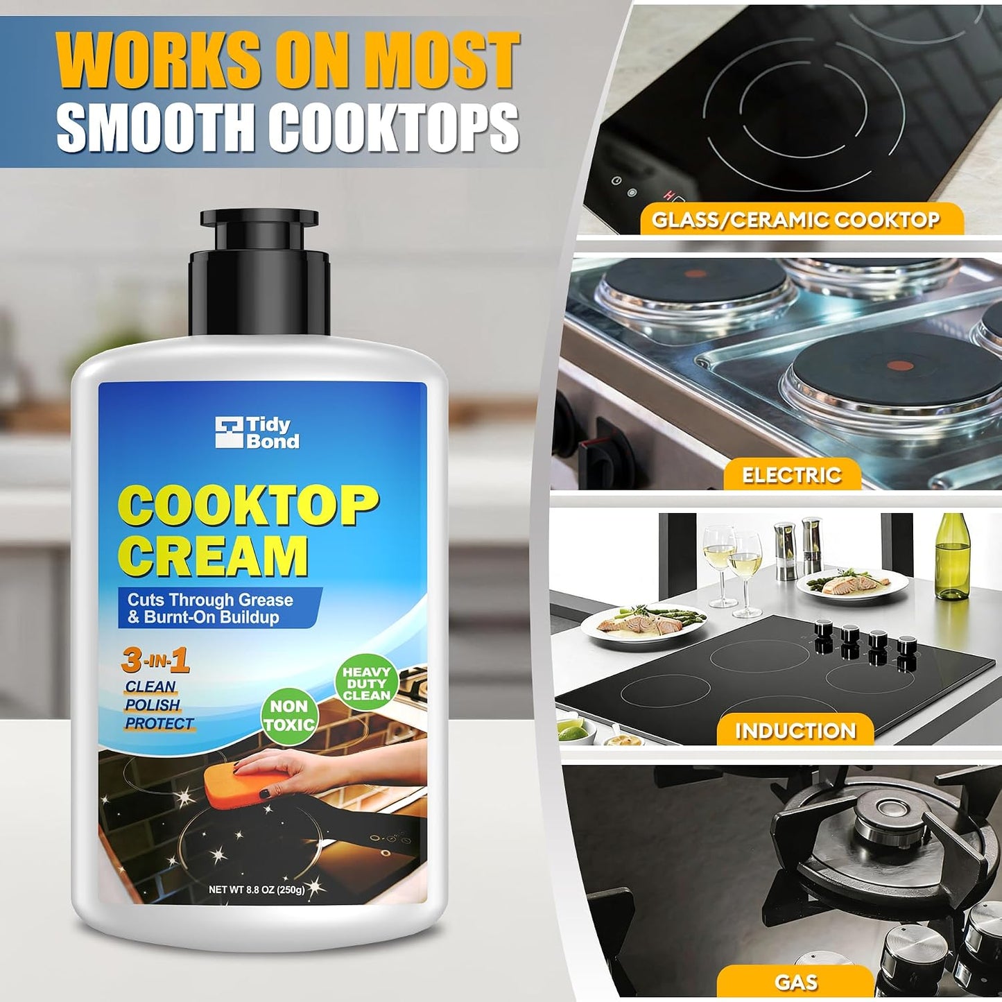 Glass Cooktop Cleaner & Polish Kit, Removes Burnt-On Food & Grease, 8.8 oz | Heavy Duty, Non-Scratch Stove Top Cleaner with Scraper & Scrubbing Pad, Safe for Induction, Electric & Ceramic Cooktops