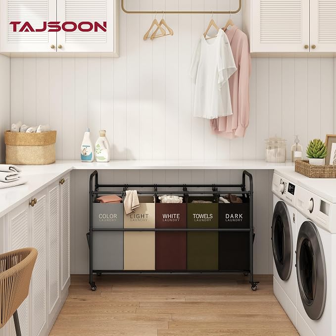 Tajsoon 5 Bag Laundry Sorter Cart, Laundry Hamper Sorter Basket - Image 2