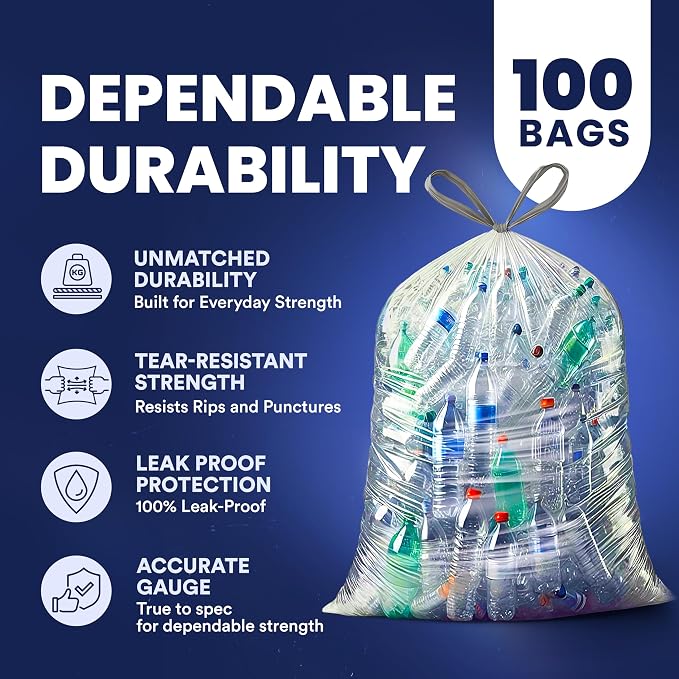 Plasticplace 32-33 Gallon Recycling Bags │ 0.9 Mil │ Clear Drawstring Garbage - Image 4
