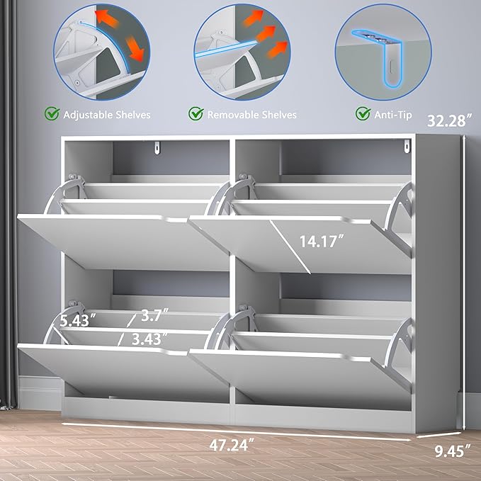 Shoe Cabinet with 4 Flip Drawers, Narrow Hidden Shoe Storage Cabinet, Slim - Image 2
